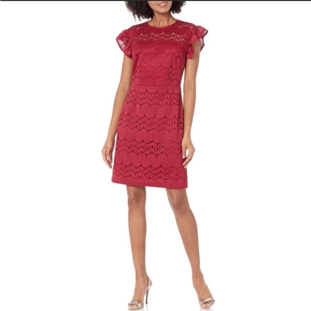Trina Turk Mai-Tai Ruffle-Sleeve Lace Sheath Dress, Cranberry - Size 4